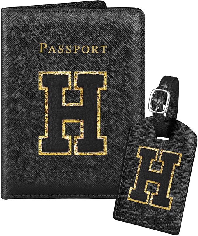 Slohif Passport Holder Initial Lugguage Tag Set Suitcase Cover Wallet Case for Travel Women - Leather Letter Passport Book Personalized Organizer Card Protector Sleeve Essentials Slim Carrier Black H