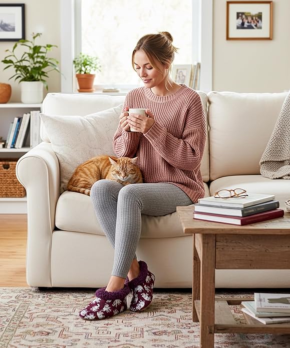 Soft Fuzzy Slippers for Women Indoor, Warm Furry House Sock Shoes Fluffy Lined, Bedroom Booties Non-Slip Gripper Soles, Winter Cozy Christmas Gifts