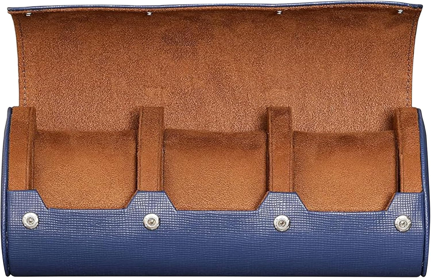 ROTHWELL Watch Roll Travel Case for 3 Watches | Tough Portable Protection, Fits All Wrist Watch & Smart Watches Up to 50mm (Blue/Tan)