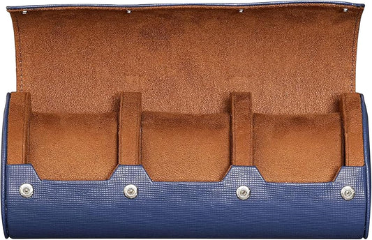 ROTHWELL Watch Roll Travel Case for 3 Watches | Tough Portable Protection, Fits All Wrist Watch & Smart Watches Up to 50mm (Blue/Tan)