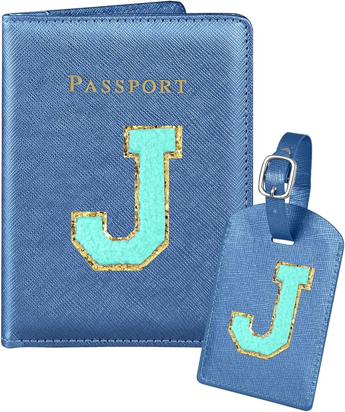 Slohif Passport Holder Initial Lugguage Tag Set Suitcase Cover Wallet Case for Travel Women - Leather Letter Passport Book Personalized Organizer Card Protector Sleeve Essentials Slim Carrier Blue J