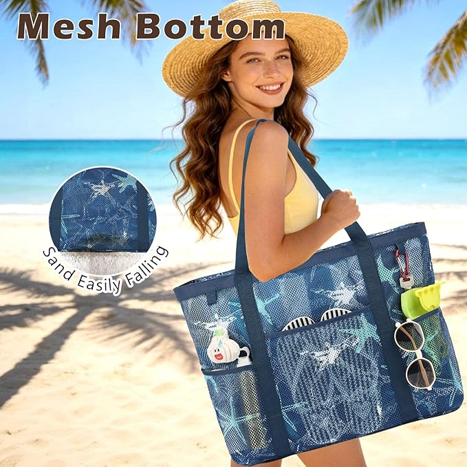 Mesh Beach Bag with Zipper, Large Beach Tote for Women, Toys Pool Swim Bag Travel Vacation Cruise Essentials