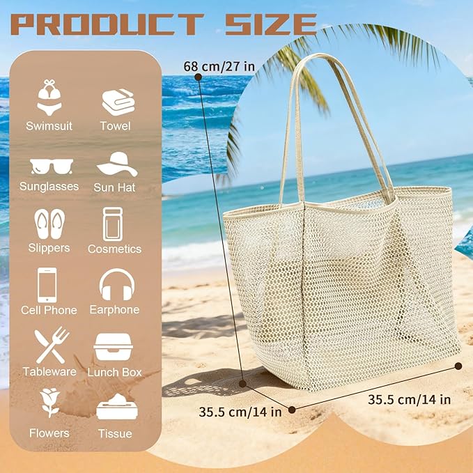 4pcs Beach Bags for Women,Nylon Mesh Summer Travel Tote Bag with Large Inner Zipper Pocket