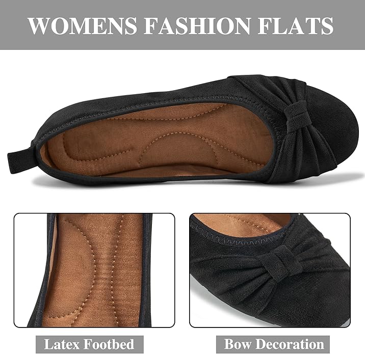Ecetana Womens Flats Shoes Dressy: Round Toe Bowknot Suede Foldable Ballet Flats Comfortable Casual Slip On Loafers