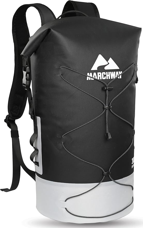 MARCHWAY Floating Roll Top Dry Bag, Flexible Lightweight TPU Waterproof Backpack 20L/30L/40L with Padded Straps for Boating, Kayaking, Swimming, Hiking, Beach (Black, 30L)