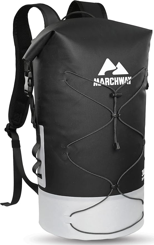 MARCHWAY Floating Roll Top Dry Bag, Flexible Lightweight TPU Waterproof Backpack 20L/30L/40L with Padded Straps for Boating, Kayaking, Swimming, Hiking, Beach (Black, 30L)