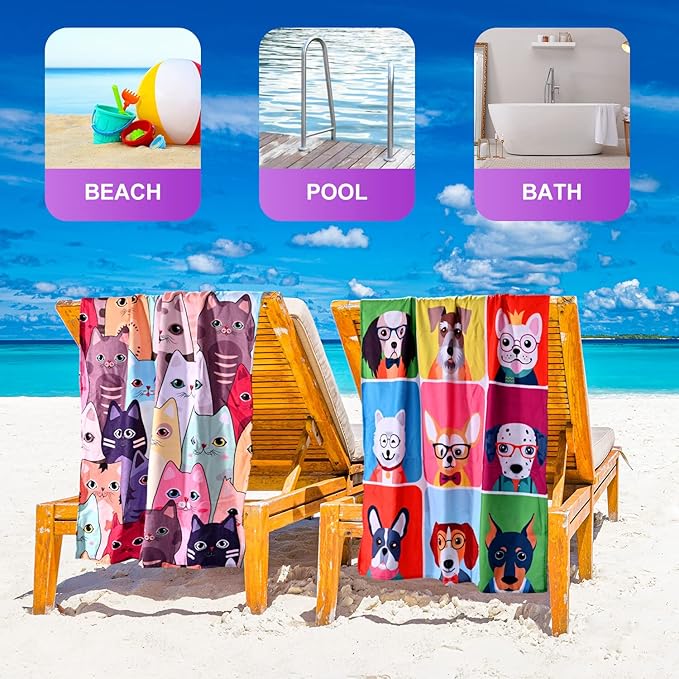 LIVILAN Dog Beach Towel, Playful Pups Design, Soft Quick-Dry Microfiber, Sand-Free 30" x 60" Oversized for Pool, Bath, Swim, Ideal for Women, Girls, Kids, Perfect Home Decor & Gift