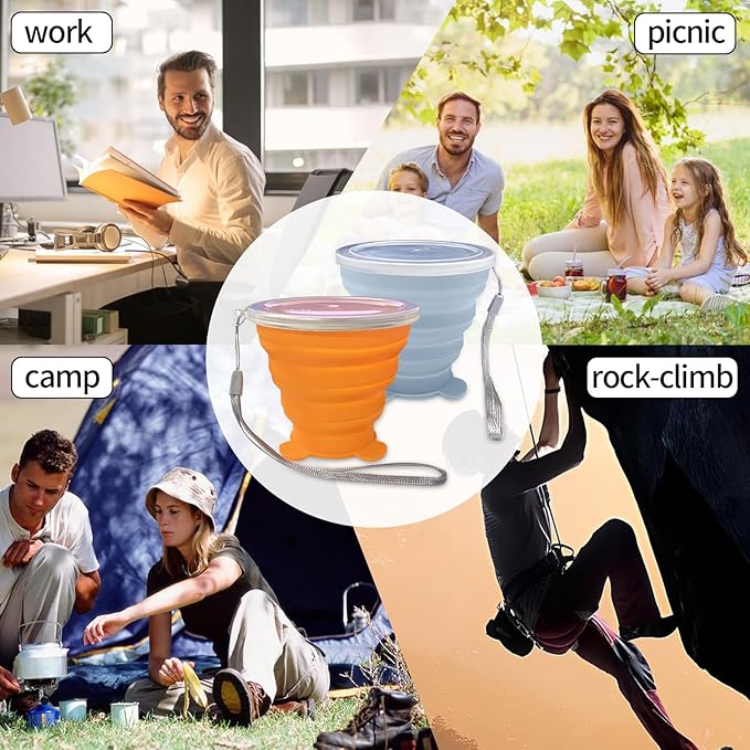 2 Pcs Collapsible Cups, Silicone Collapsible TravelCup, Expandable Folding Camping Drinking Cup with Lids Reusable Small Portable Mugs-Cup for Travel, Camping, Hiking,Outdoors (Light Blue&Orange)