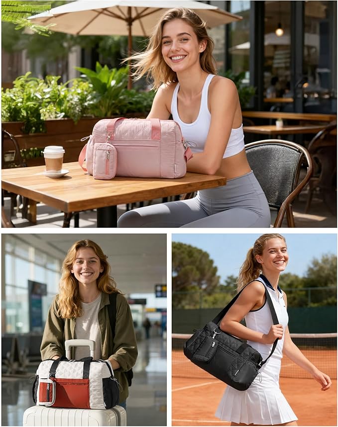 Small Gym Bag for Women, Mini Sports Duffle Bag for Workout Dance Ballet Yoga Gymnastics, Quilted Lightweight Puffer Travel Tote with Detachable Coin Purse & Wet Pocket, Pink
