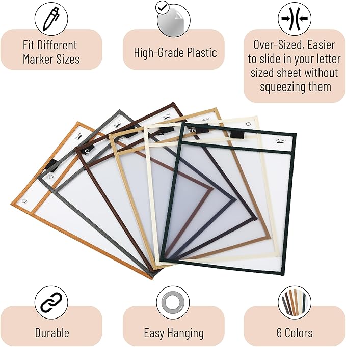 Mr. Pen- Dry Erase Pocket Sleeves, 6 Pack, 10"x14", Desert Dusk Color Theme, Dry Erase Pockets Reusable Sleeves, Job Ticket Holders with Marker Holder & Metal Eyelet
