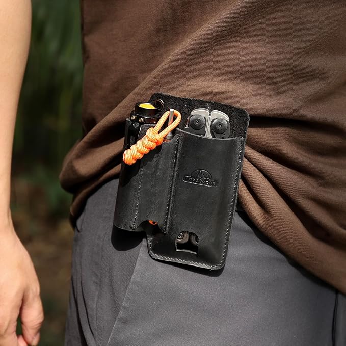 Topstache Leather Multitool Sheath with Belt Clip - Leather Multitool Pouch for Belt - EDC Belt Organizer - Multitool Holster Fits Multitool, Flashlight, Pen - Leather Multitool Holder - Black