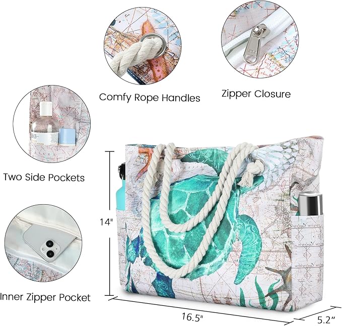 Clothirily Beach Bag for Women - Large Beach Tote Bag, Waterproof Sandproof Beach Bag with Zipper, Large Swim Pool Beach Tote
