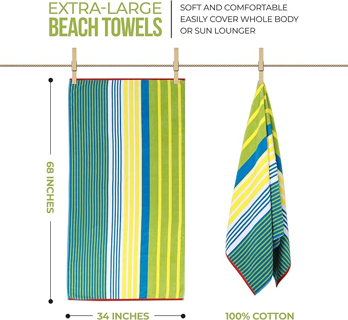 Superior Cotton Beach Towel, Absorbent Oversized Towel for Swimming Pool, Camping, Bathroom, Shower, Large, Quick Drying, Adults, Kids, Colorful, Mira Striped Collection, 68" x 34", Yellow-Green