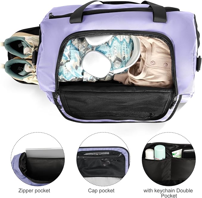 Gym Bag for Men Women With Shoe Compartment & Wet PocketWater Resistant Sports Gym Bag 、shoulder bag、messenger bag Carry On Duffel Bag forWeekend Overnight Traveling (Purple)