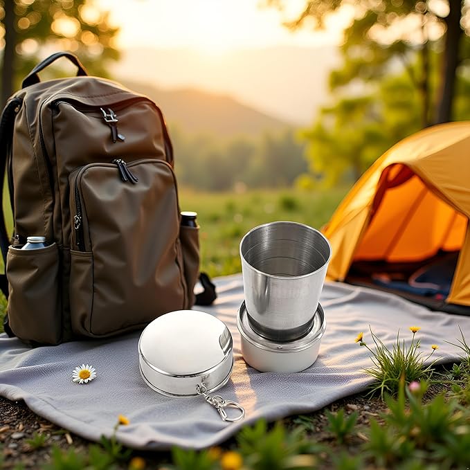 1Pc Silver Stainless Steel Folding Camping Mug Collapsible Portable Cup with Keychain for Outdoor Activities Hiking Picnic(Large), Camp Kitchen