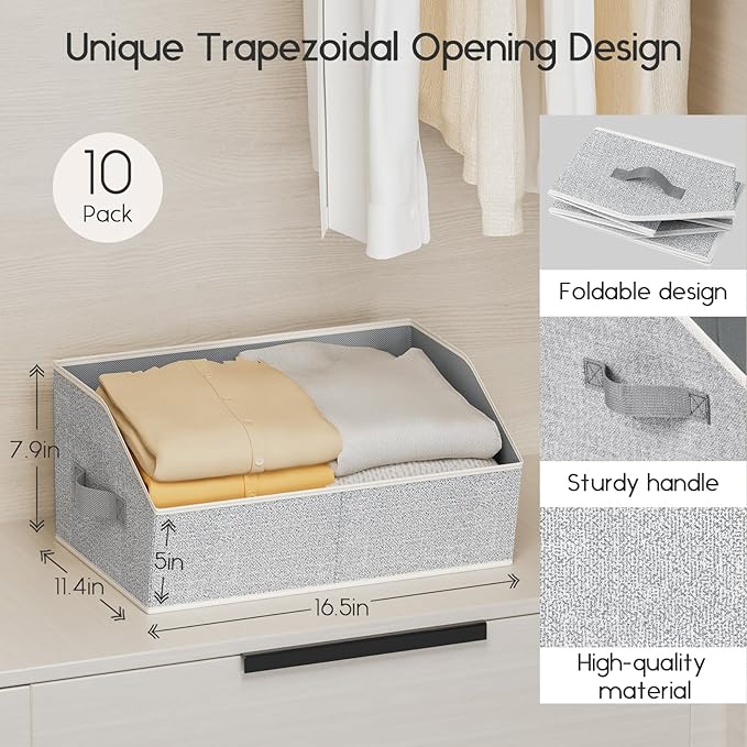 Large Closet Organizers and Storage Bins - 8 Pack Trapezoid Storage Baskets for Shelves, Foldable Fabric Baskets with Handles Ideal for Closet, Basket, Wardrobe and Shelf Storage, Light Grey