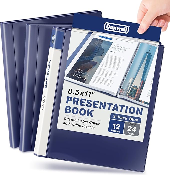 Dunwell Presentation Binder 12-Pocket, Displays 24 Pages, 8.5x11 Portfolio Binder with Plastic Sleeves, Storage and Organizer for Documents, Certificates, Projects, Photos (3 Pack, Blue)