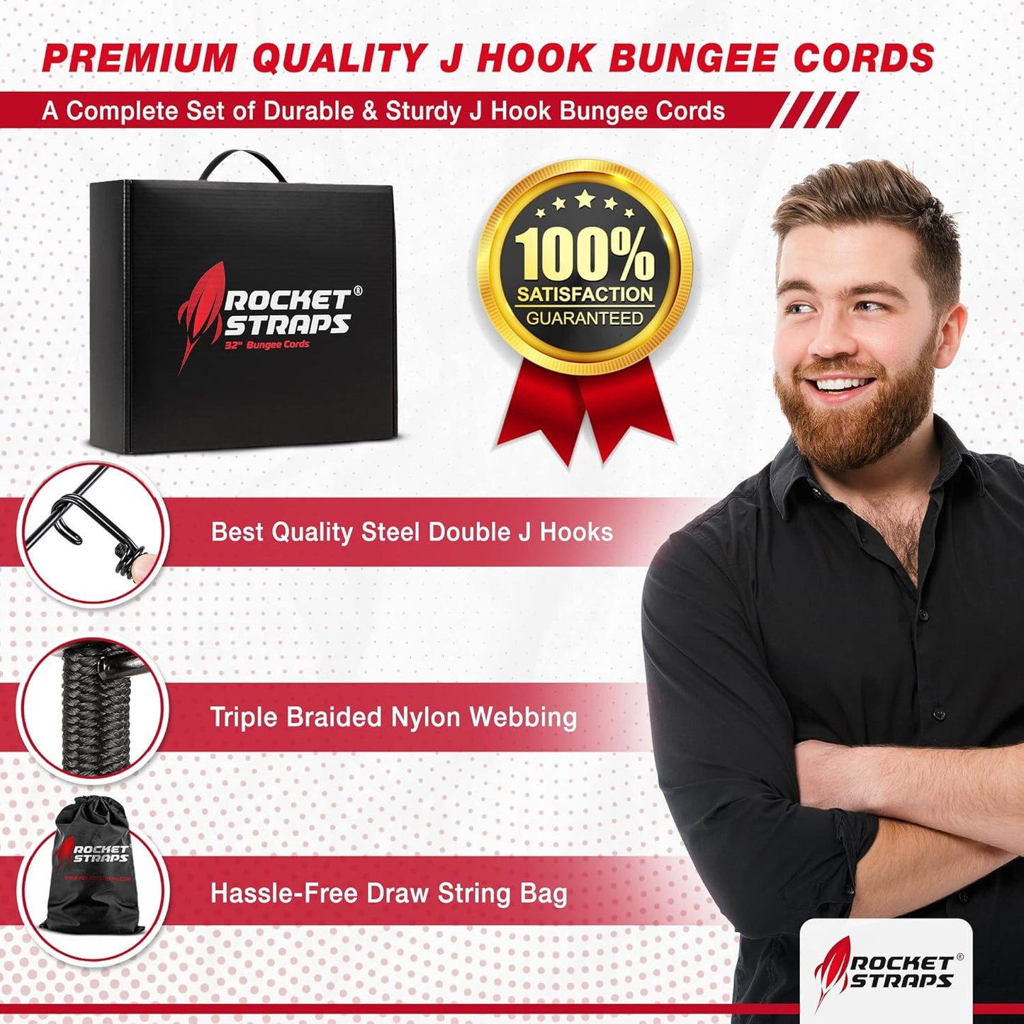 Ultimate Outdoor Bungee Cord Assortment - Heavy Duty Set of 12 Bungee Cords Double-J Hooks - Elastic Straps for Camping, Securing, and DIY (12pc - 32" Double J Hooks)