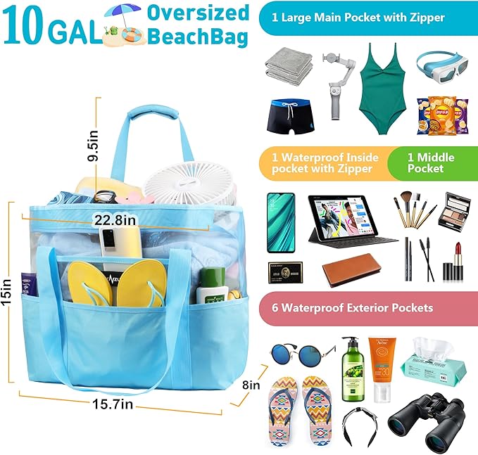 Mesh Beach Bag - Large Waterproof Beach Tote Bag with Zipper, Oversized Foldable Lightweight Family Swim Bag Vacation