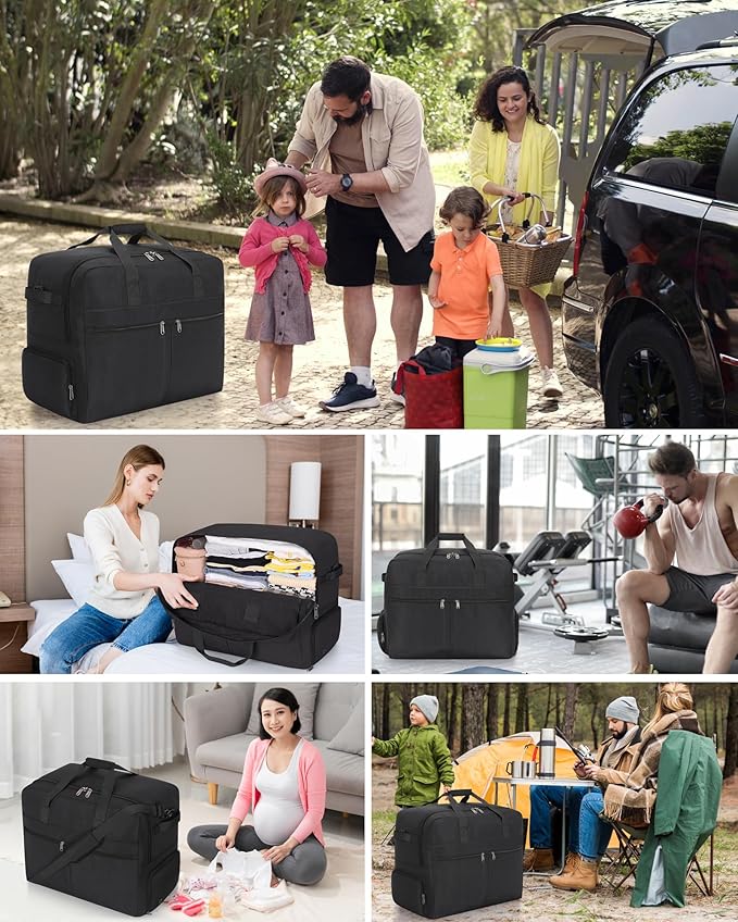 100L Foldable Large Travel Duffle Bag for Men and Women, Packable Duffel Bags with Shoe Compartment, Water Repellent & Tear Resistant (Black)