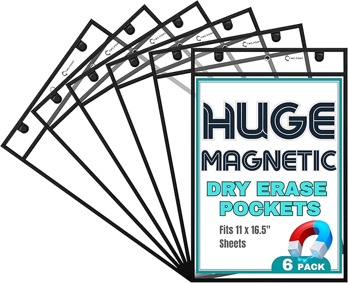 Huge Magnetic Dry Erase Pockets by Two Point (6-Pack) - Portrait - Fits 11 x 16.5 inch Pages, Black Dry Erase Sleeves, Job Shop Ticket Holders, Clear Paper Sleeves Protector, Magnetic Folder Pouch