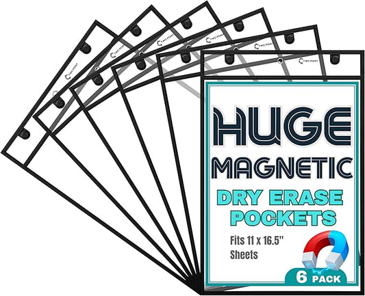 Huge Magnetic Dry Erase Pockets by Two Point (6-Pack) - Portrait - Fits 11 x 16.5 inch Pages, Black Dry Erase Sleeves, Job Shop Ticket Holders, Clear Paper Sleeves Protector, Magnetic Folder Pouch