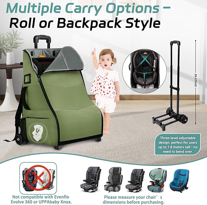 Rolling Car Seat Travel Bag with Wheels – Car Seat Backpack Transport Case for Airplane Travel, Fits Convertible & Booster Seats, Protective Storage Cover, (Green)