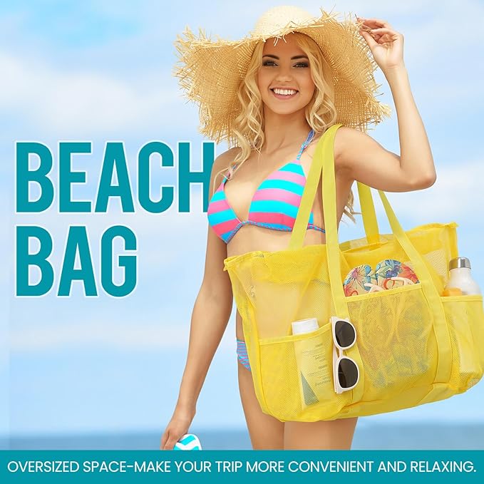 Mesh Beach Bag, Large Bag with Zipper Beach Bags for Women Waterproof Sandproof with 5 Pockets Green
