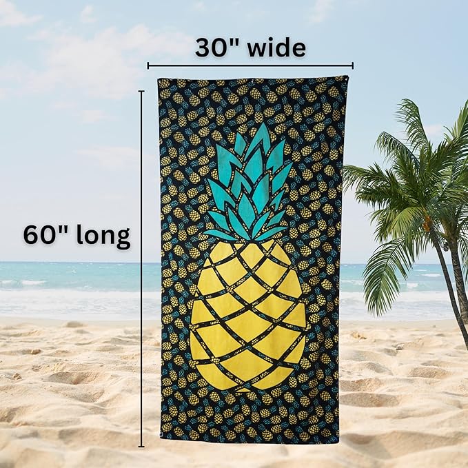 Pineapple Beach Towel 30”x60” – 100% Cotton Velour, Absorbent, Quick-Dry, Easy-Pack for Spring Break, Vacation, Beach, Pool, or Sunbathing – Lightweight, Compact for Travel – Funny Novelty Gift
