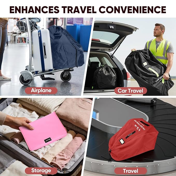 BALEINE Car Seat Travel Bag for Airplane, Water-Resistant Car Seat Bags for Air Travel, Foldable Cover with 3 Handles, Fits Toddler Carseat, Convertible and Booster Seats (Red)