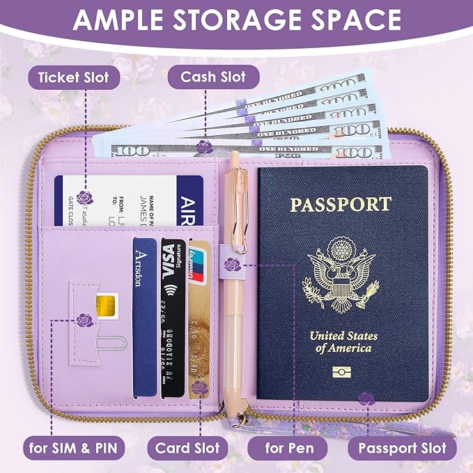 Passport Holder, Passport Holder For Travel, Passport Cover For Travel Essentials, Passport Wallet Cover RFID Blocking, Cute Passport Book for Women and Men, Purple Flowers