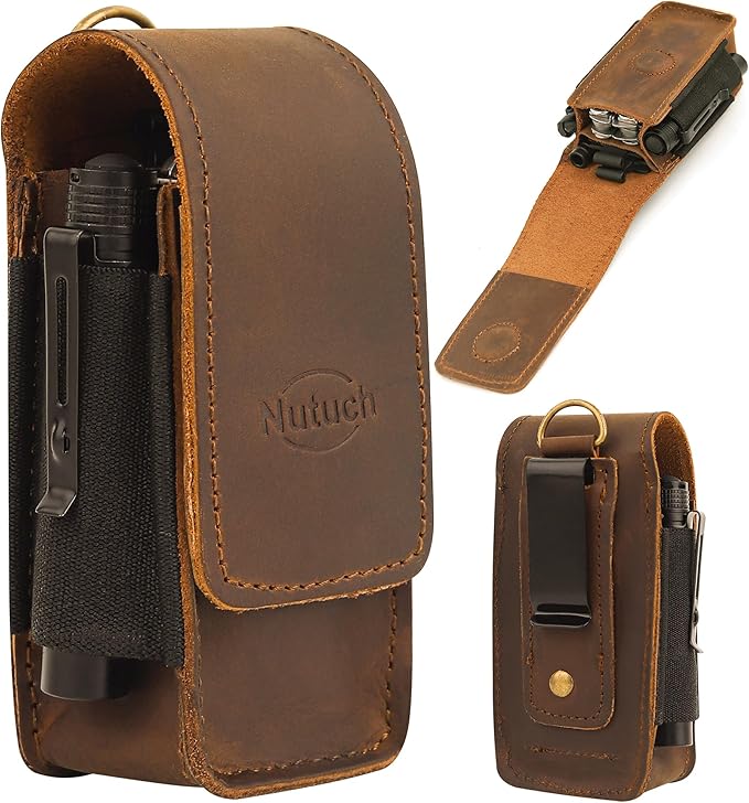 Leather EDC Multitool Sheath with Flip Closure | Leather EDC Belt Organizer | Flashlight Holster | Heavy Duty Multitool Organizer