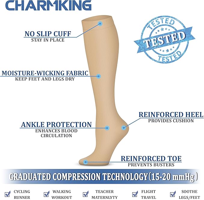 CHARMKING 6 Pairs-Compression Socks for Women & Men Circulation Best Support for Nurses, Running, Athletic,Flight Travel