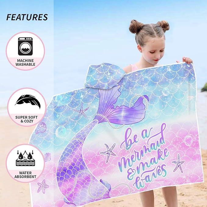 Bonsai Tree Mermaid Kids Beach Towel with Hood, Mermaid Tail Microfiber Hooded Poncho Towel for Girls 30”x50”, Mermaid Scales Pink Soft Absorbent Bath Towels Bathrobe for Swin Pool