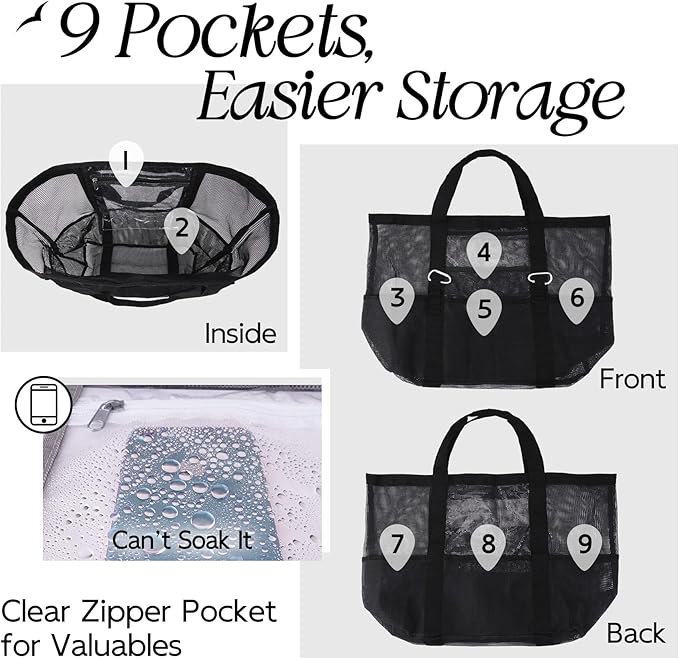 XX-Large Mesh Beach Bag Tote - 9 Pockets for Family Travel/Vacation & Beach Essentials, Foldable & Lightwiht