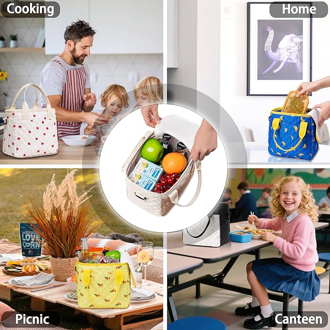 TuErCao Cute Banana Lunch Box for Women Lunch Bags for Work Small Insulated LunchBag for Picnic Travel Shopping, Portable Lightweight Ultrasonic Soft Touch LunchTote for Young Ladies