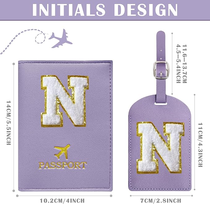 COSHAYSOO Purple Passport Cover and Luggage Tag Set TSA Approved with Her Initial Chenille Letter Patch, Trending Traveling Bag Backpack Suitcase Identifier Birthday Gifts for Women Girls (N)