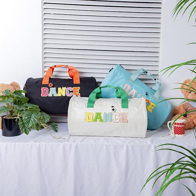 Dance Duffle Bag for Girls,Toddler Teens with Chenille Patches,Cute Ballet, Cheer, Gymnastics Class Bag for Kids, Toddler Girls,Teens,16.5"Lx9"Wx9"H Large Capacity Overnight Travel Bag (Green&Cream)