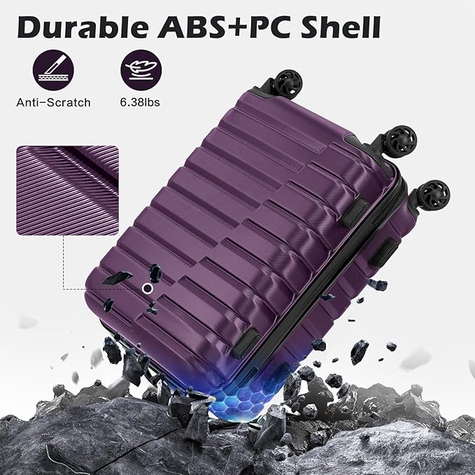 Coolife Expandable Large Checked Luggage with Spinner Wheels, Hard Shell Suitcase TSA Lock Rolling Travel Luggage 28-inch,Purple