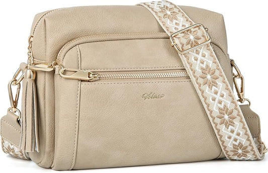 Small Leather Crossbody Bags for Women Anti theft Purses and Handbag Shoulder Hangbag with Wide Strap Tassel