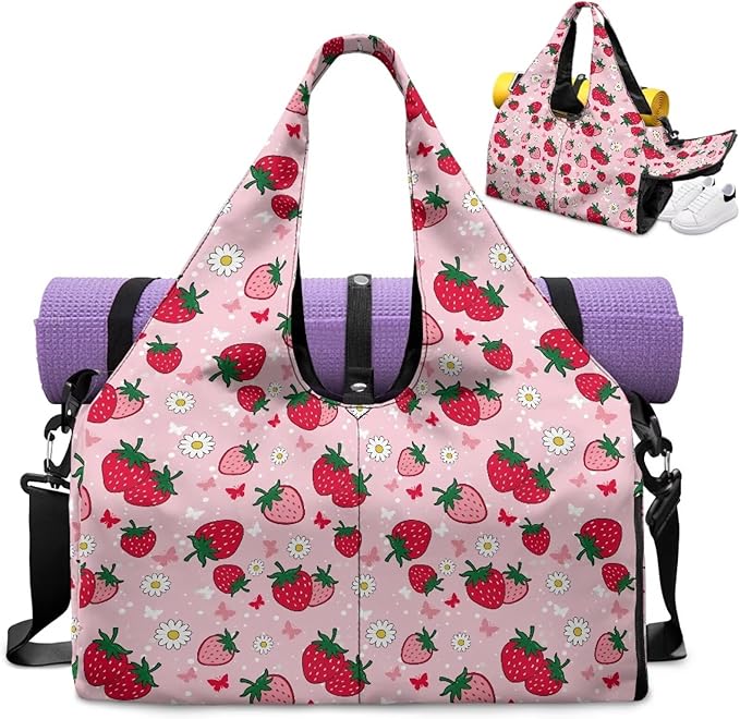 Strawberry Butterfly Flower Gym Bag for Women with Shoe Compartment Ladies Fashion Mini Travel Duffle Bag Lightweight for Overnight Weekender Yoga Swim Dance Short Trip, Pink