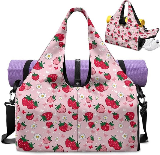 Strawberry Butterfly Flower Gym Bag for Women with Shoe Compartment Ladies Fashion Mini Travel Duffle Bag Lightweight for Overnight Weekender Yoga Swim Dance Short Trip, Pink
