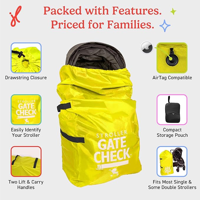 J.L. Childress Gate Check Bag for Single & Some Double Strollers - Travel Bag for Airplane, Fits Most Standard Baby Strollers, Airport Accessories Gate Check, Flying Essentials - Neon Yellow