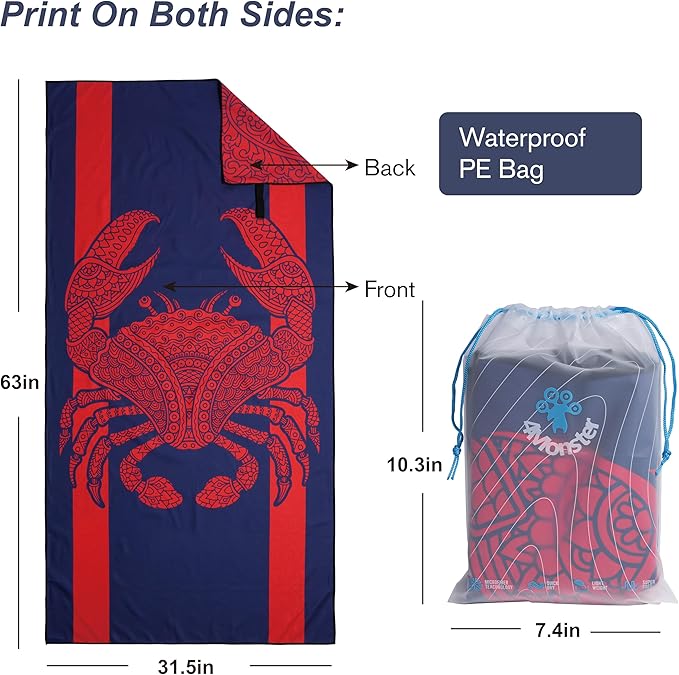4Monster Microfiber Beach Towel Quick Dry,Super Absorbent Lightweight Travel Towel for Swimmers, Sand Free Camping Towel, Beach Towels for Pool,Swim,Water Sports,Yoga