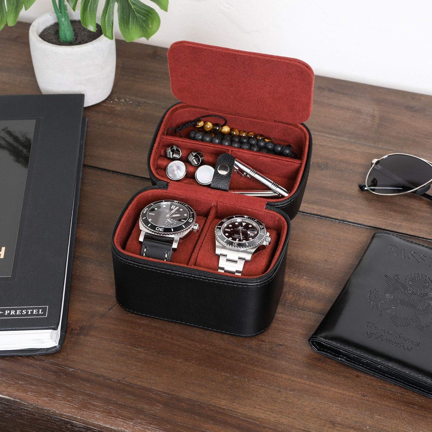 ROTHWELL Gift Set 6 Slot Leather Watch Box and 2 Watch Travel Case - Luxury Case Organizer, Microsuede Liner, Locking Mens Jewelry Watches Holder, Storage Boxes Glass Top (Black/Red Gift Set)