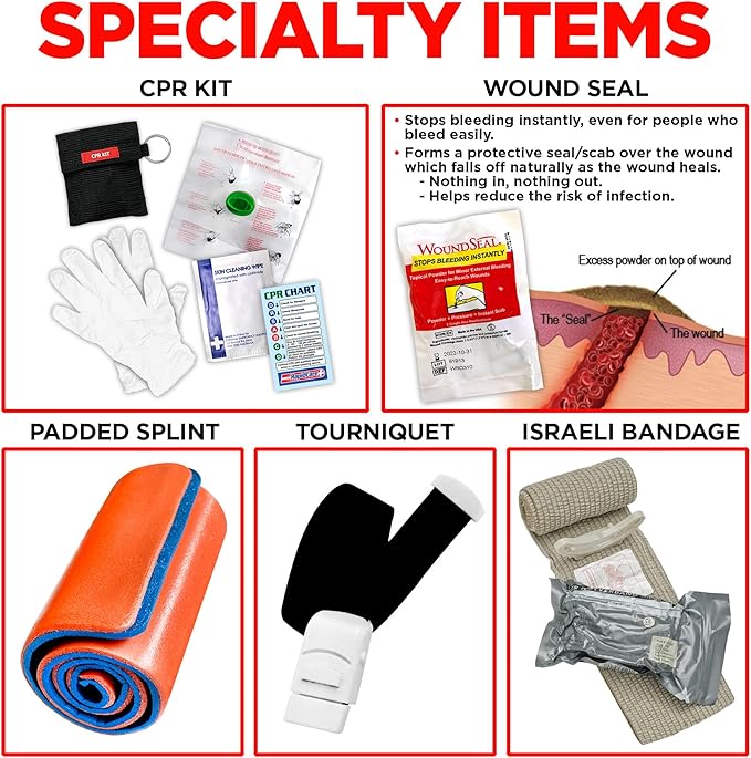 Rapid Care Premium Trauma First Aid Kit for Outdoors, Workplace, and Home - Exceed OSHA Guidelines and ANSI 2009 Standards - 240 Pieces - Includes Bonus Travel Kit