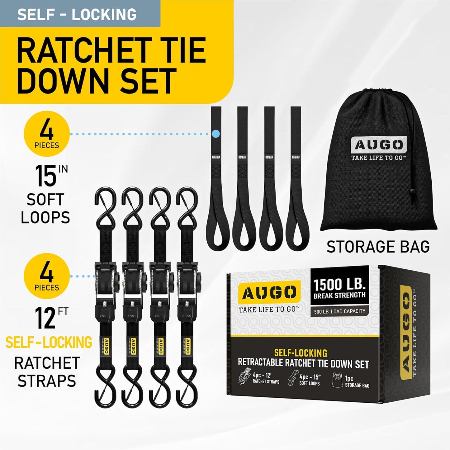 AUGO Self-Locking Retractable Ratchet Straps | 4 Heavy Duty Self-Tensioning Retractable Tie Down Straps with Soft Loops & Storage Bag | for Motorcycle, Truck, Cargo | 1500Lb Break Strength 1” x 12’