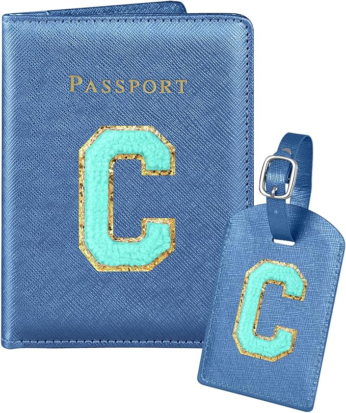 Slohif Passport Holder Initial Lugguage Tag Set Suitcase Cover Wallet Case for Travel Women - Leather Letter Passport Book Personalized Organizer Card Protector Sleeve Essentials Slim Carrier Blue C
