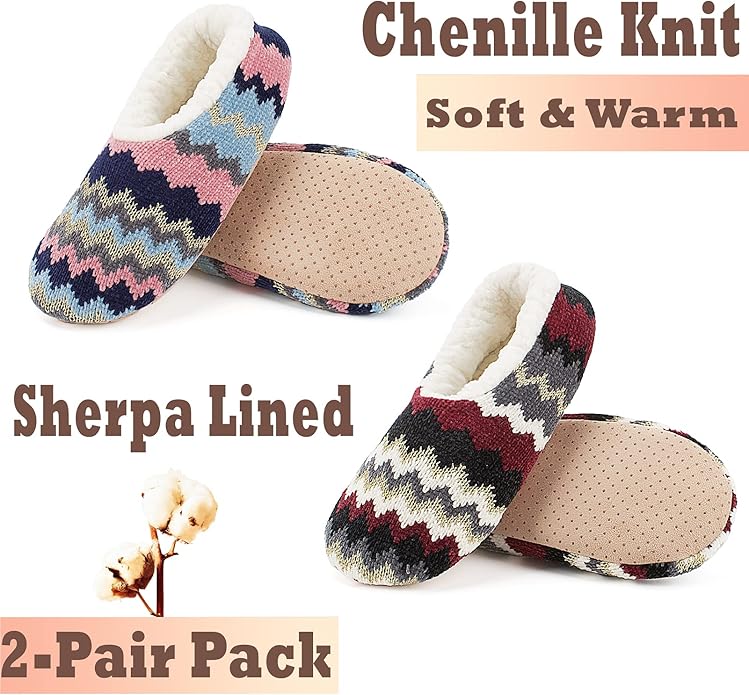 Cozylook 2-Pair Women's Soft Sole Slipper Socks with Grippers, Thick Warm Cozy Sherpa Lined Home Socks Set, Cable Knitted Non-slip Fluffy Winter House Bedroom Slippers