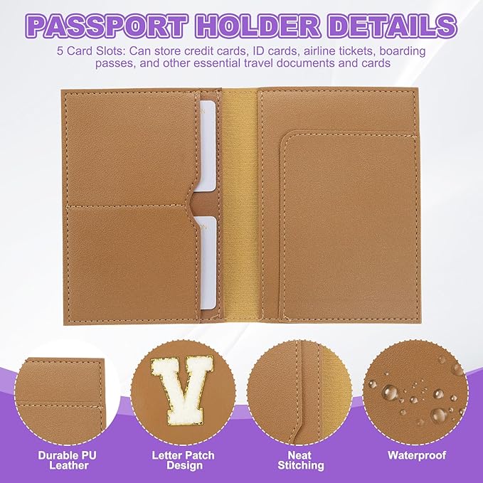 PATIKIL Passport Holder for Travel, Initial Passport Cover and Luggage Tag Set with Alphabet Chenille Letter Patch Travel Wallet Bag Suitcase Identifier for Women Family Travel Brown V